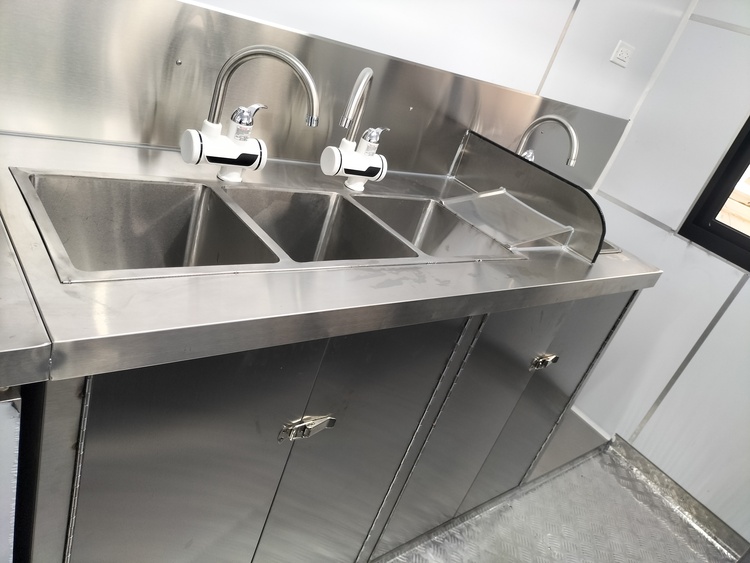 3 compartment water sink in the shipping container kitchen